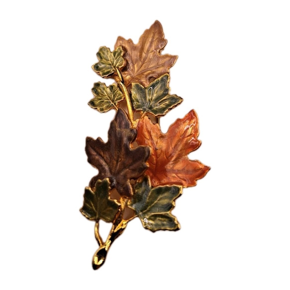 Vintage Signed KC Fall Colored Orange Green Brown Gold Tone Leaf Brooch/Pin